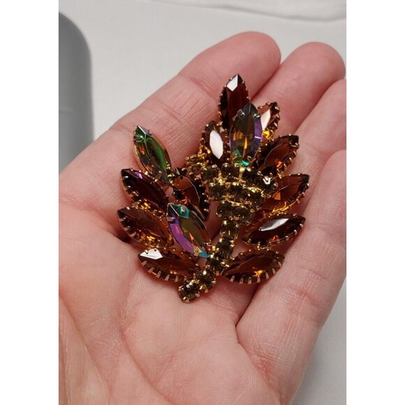 Vintage Brooch Smokey Topaz Amber AB Aurora Borealis Brooch Pin 2.25 Inches - Picture 9 of 10